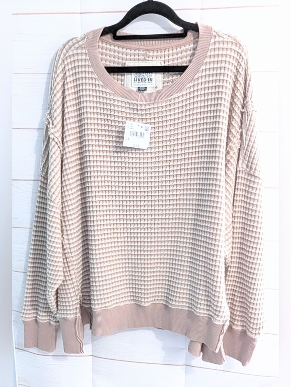 Nwt American Eagle Outfitters Waffle Crewneck Sweater Raw Seams Oversized Fit